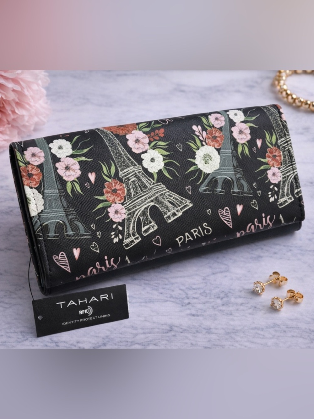Tahari Trifold RFID Black Multicolor Wallet Floral Paris Scene NWT - Picture 1 of 11